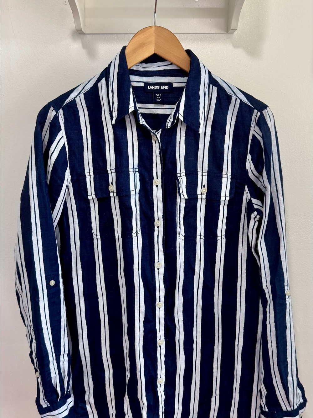 Lands' End Navy and White Vertical Stripe Button-Down Linen Shirt